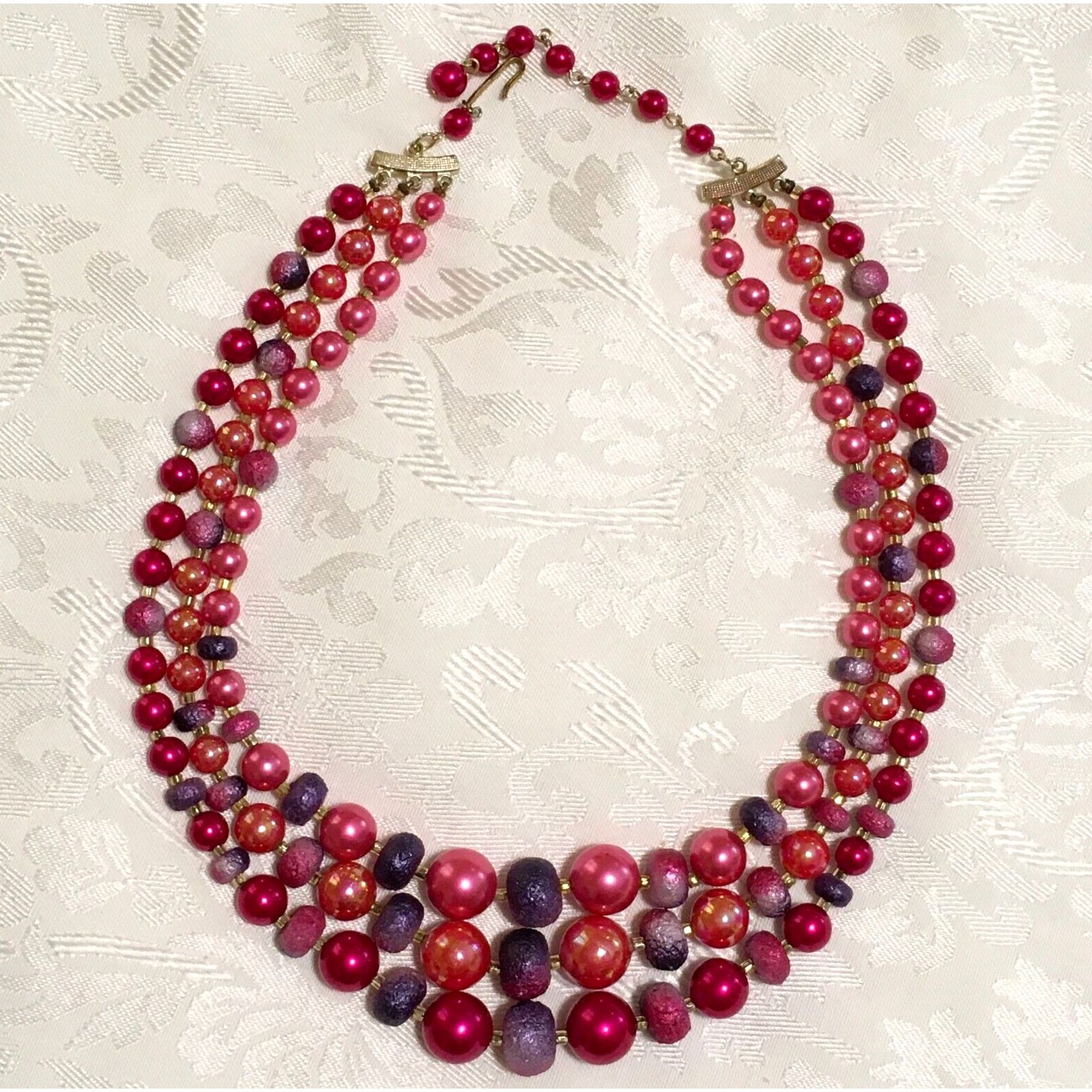 Vintage Germany Bead Necklace Pink Purple Shepards Hook Collar Spring Signed